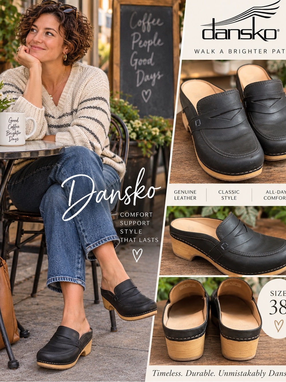 Dansko Black Leather Penny Loafer Style Slip-On Clog Mules